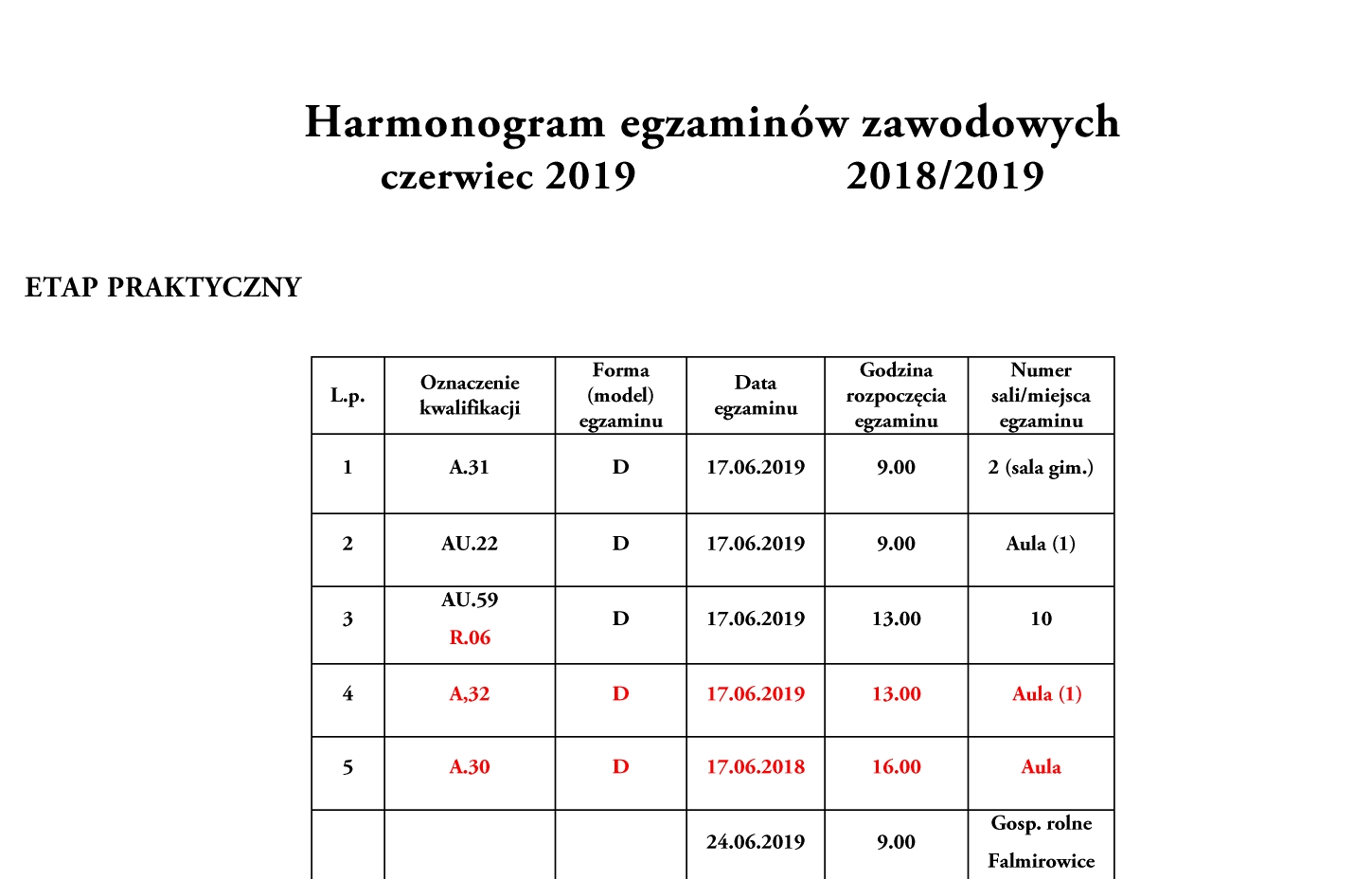 Harmonogram egzaminów zawodowych czerwiec 2019 1